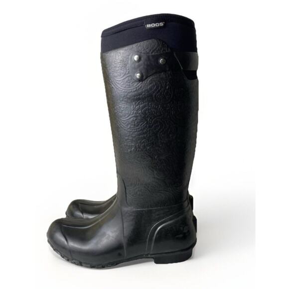Bogs Womens Rider Emboss Size 9 Rain Boots Black Rubber Waterproof Pull On - Picture 1 of 13
